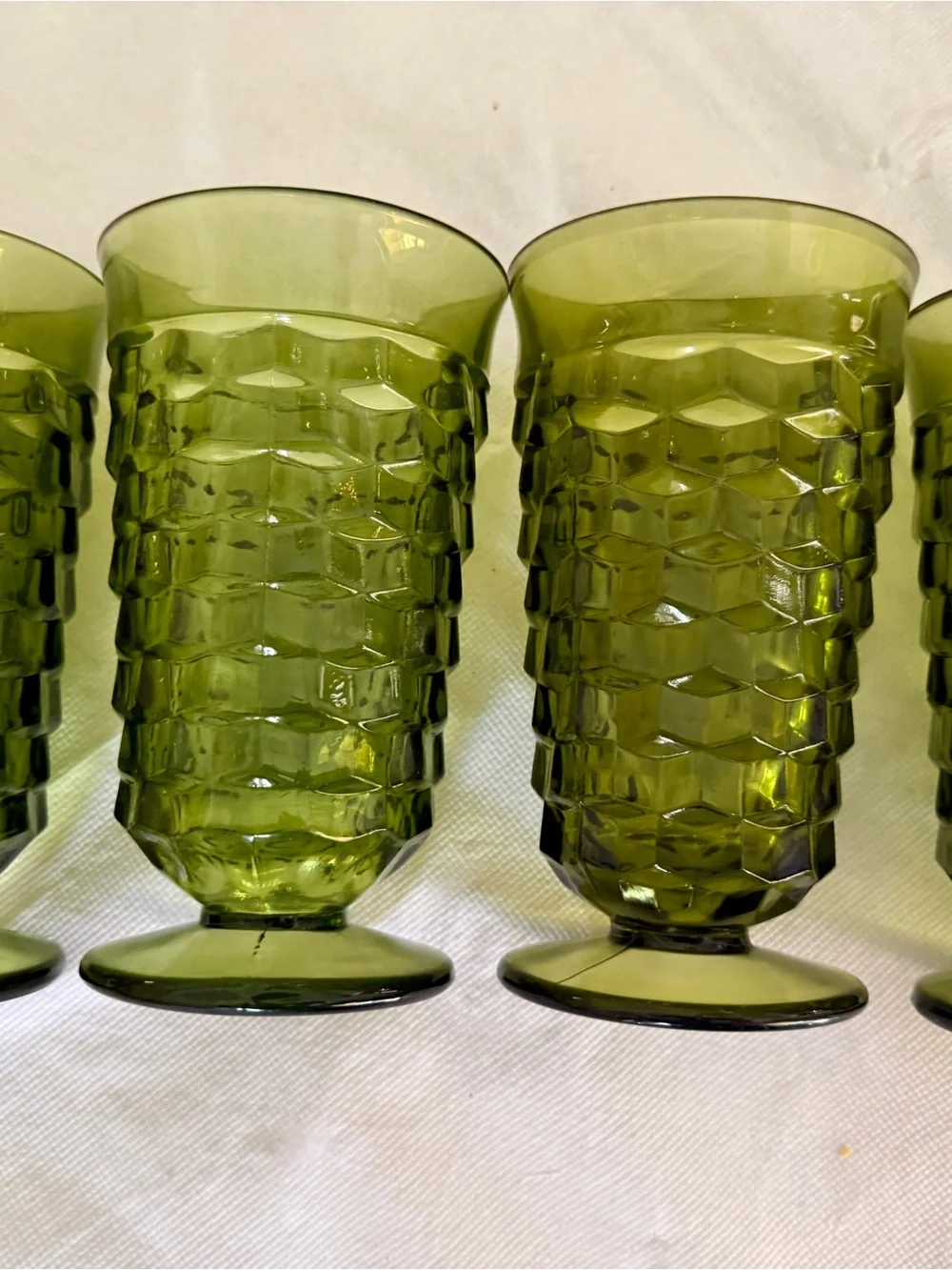 Vintage Indiana Glass Diamond Point Green Goblets Set of 4